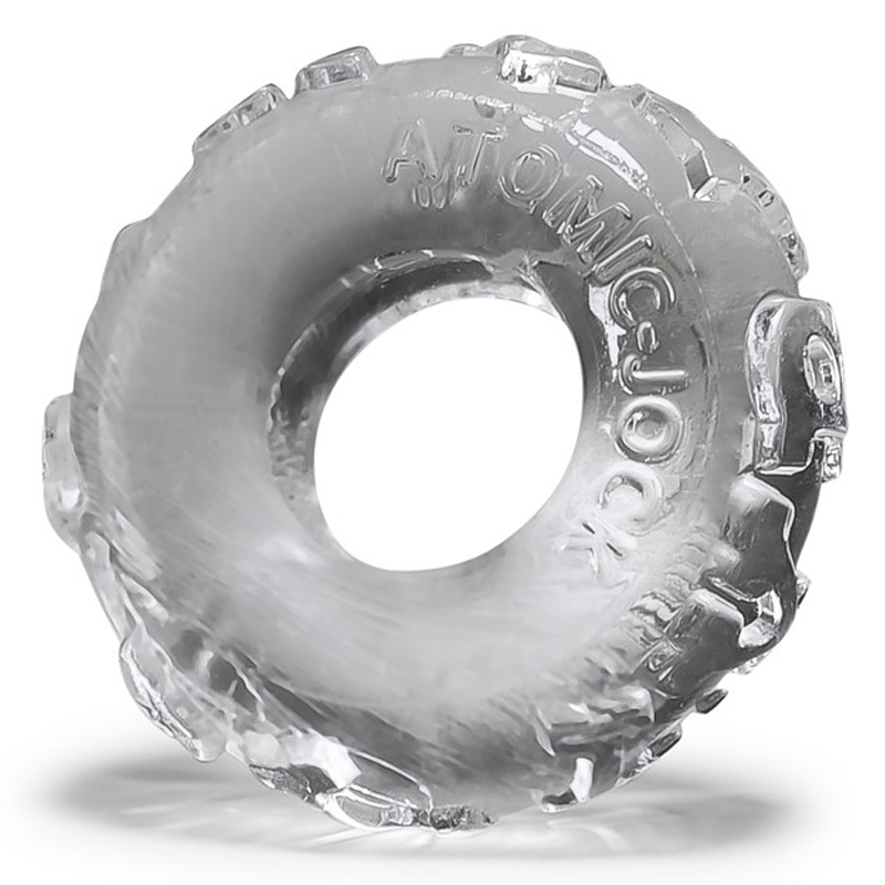 Clear, stretchy TPR cock ring with textured outer edge and "ATOMIC-JOCK" embossed text.