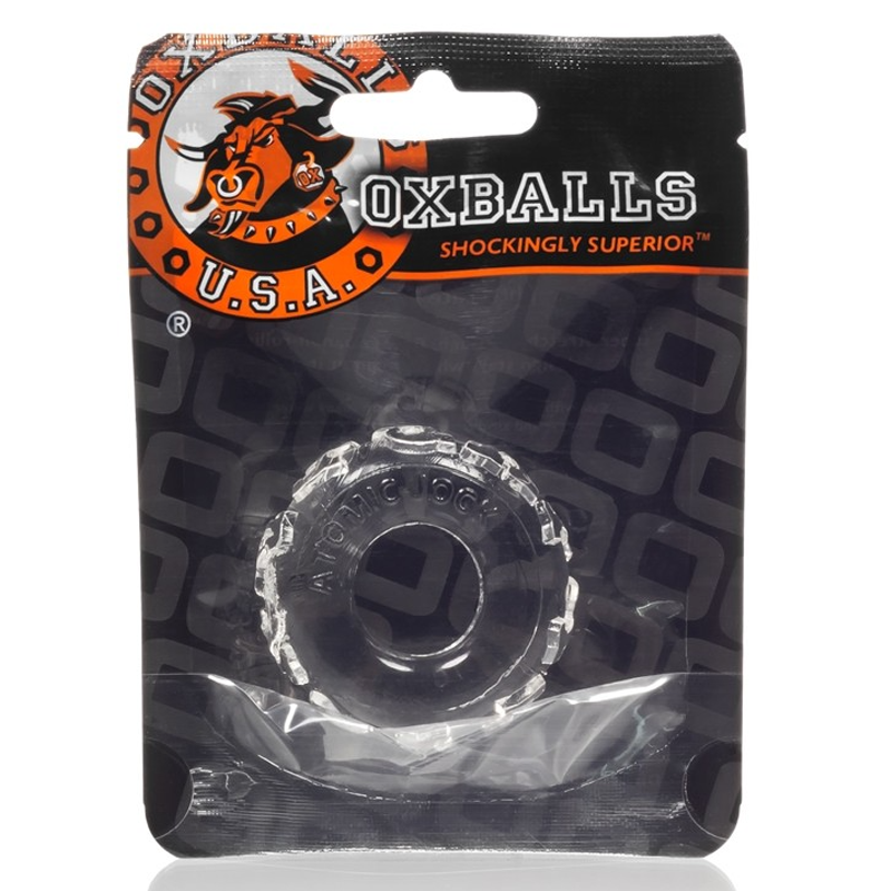 Clear stretchy TPR cock ring with textured outer edge.