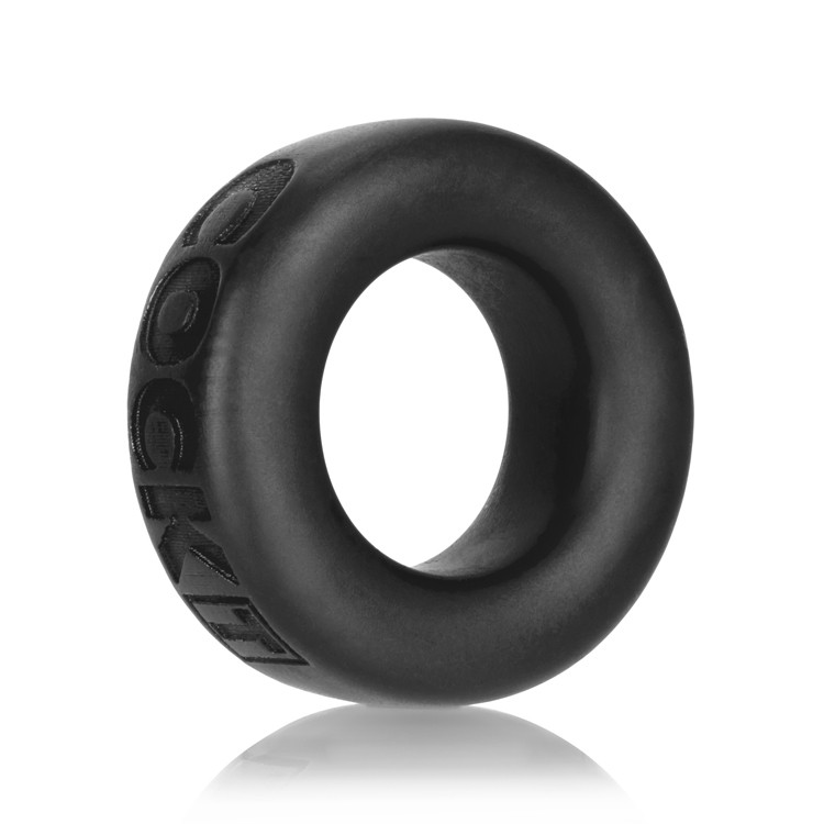 Black silicone cock ring with embossed logo.