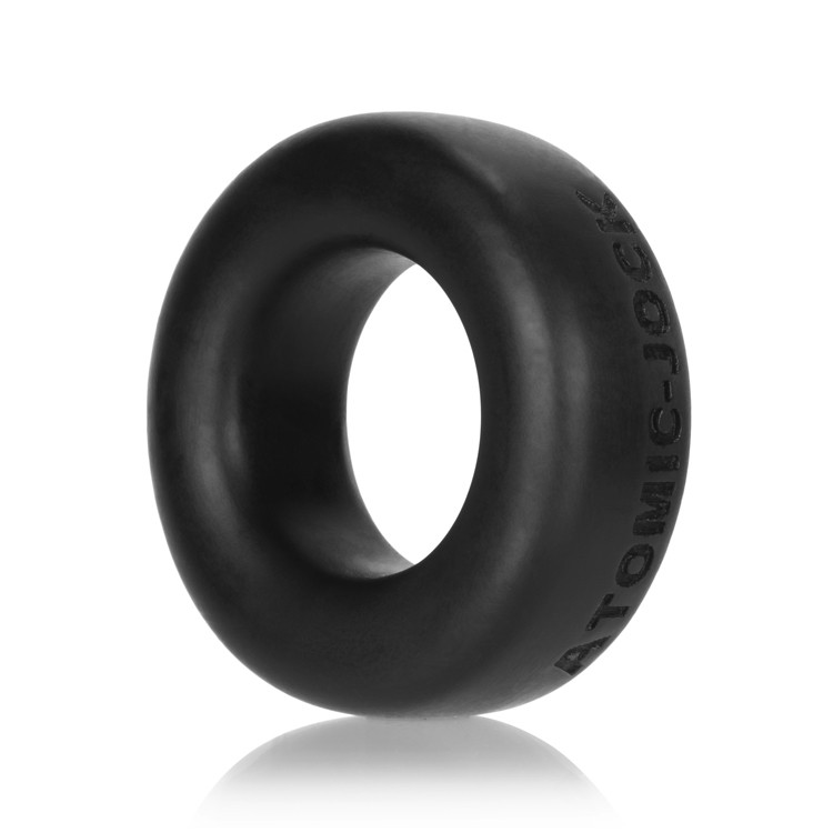Black pure platinum silicone cock ring with "ATOMIC-JOCK" embossed on the side.