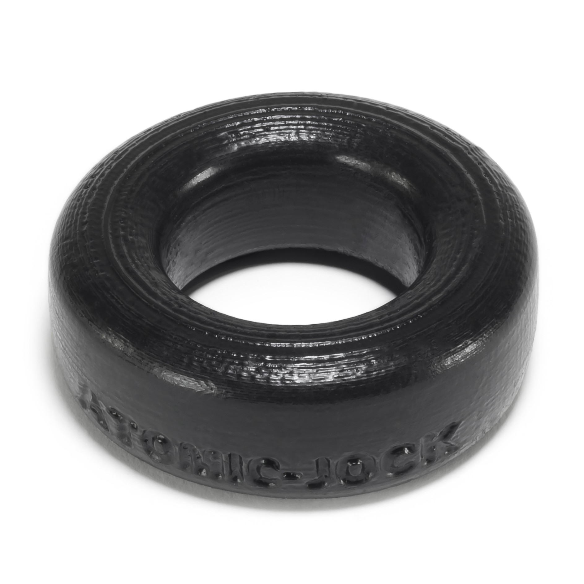 Black silicone cock ring with textured ridges and embossed logo.