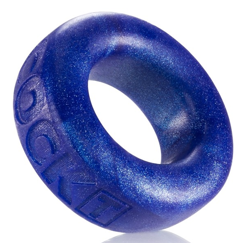 Blue glittery silicone cock ring with embossed text.