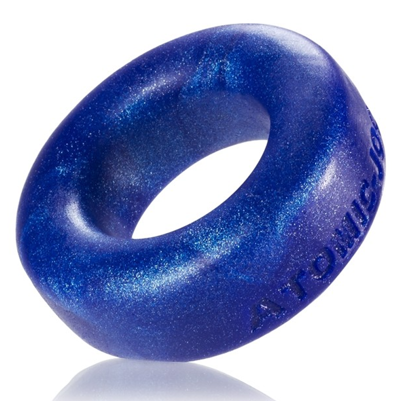 Blue platinum silicone comfort cock ring with glitter accents.