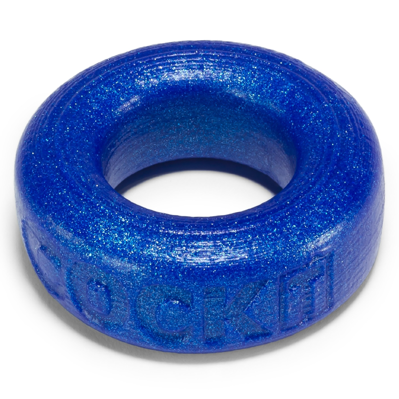 Blue glitter cock ring with embossed text.