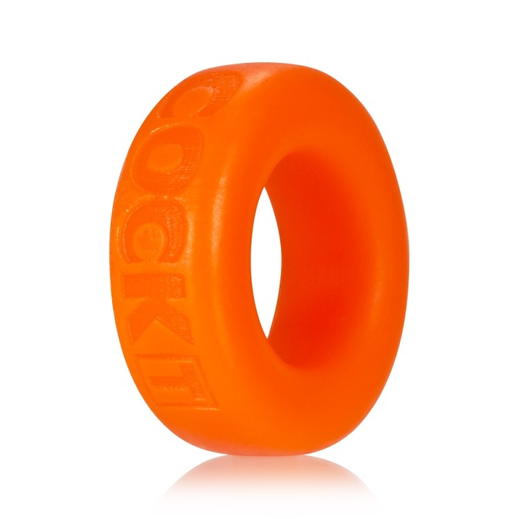 Orange silicone cock ring with embossed text.