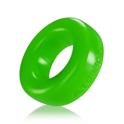A bright green, oval-shaped silicone cock ring with embossed text.