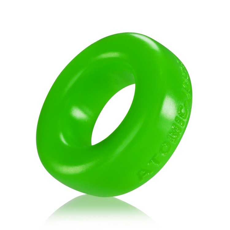 A bright green, oval-shaped silicone cock ring with embossed text.