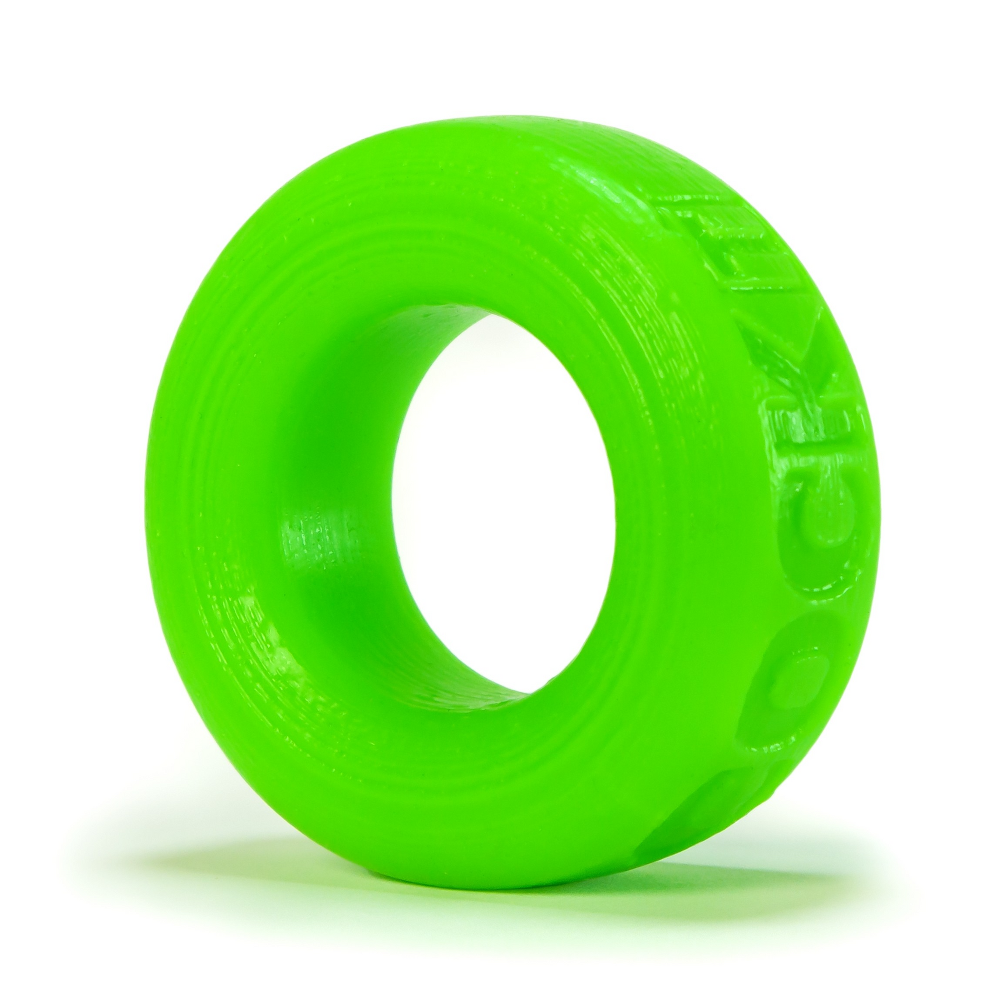 A bright green, textured silicone ring with embossed lettering.