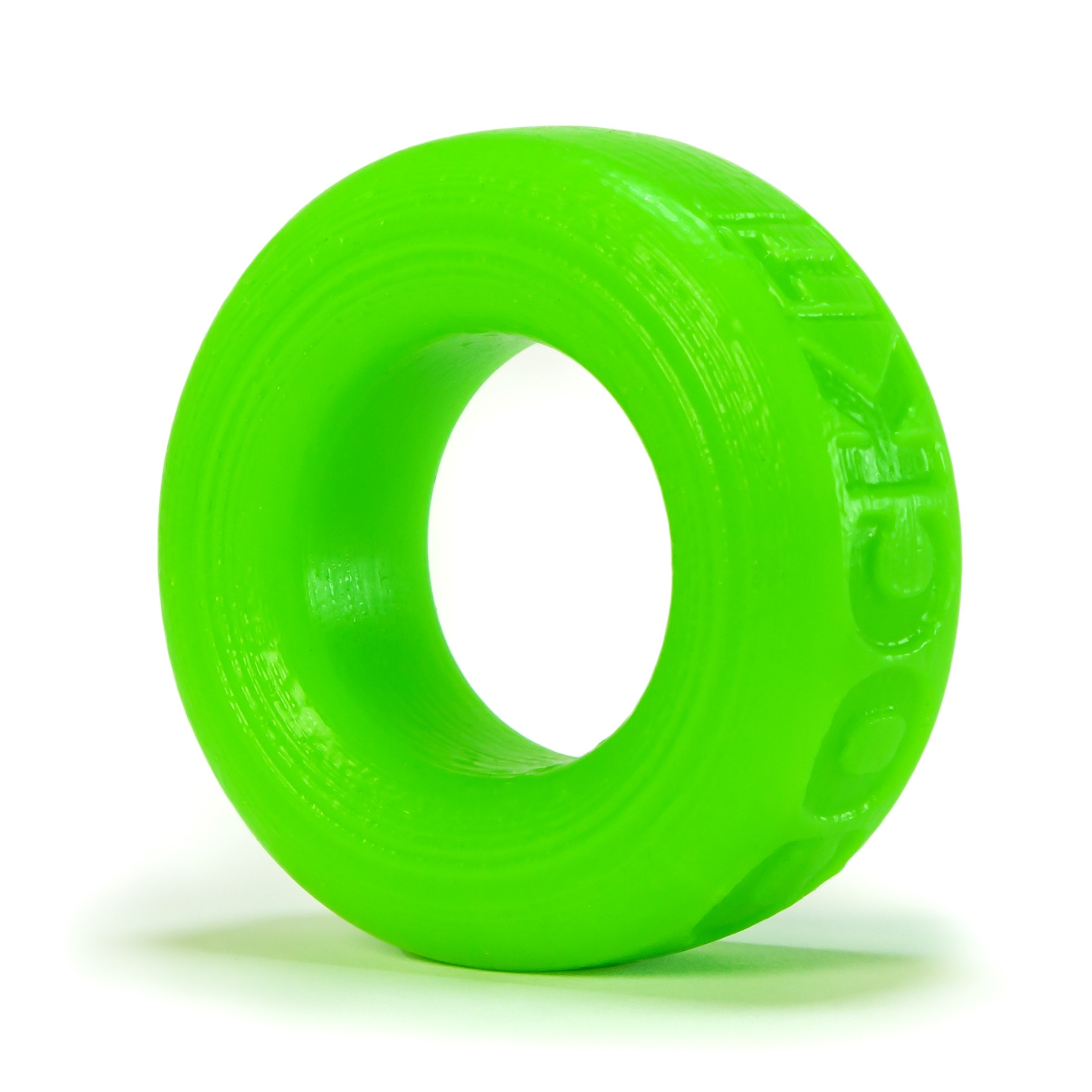 A bright green, textured silicone ring with embossed lettering.