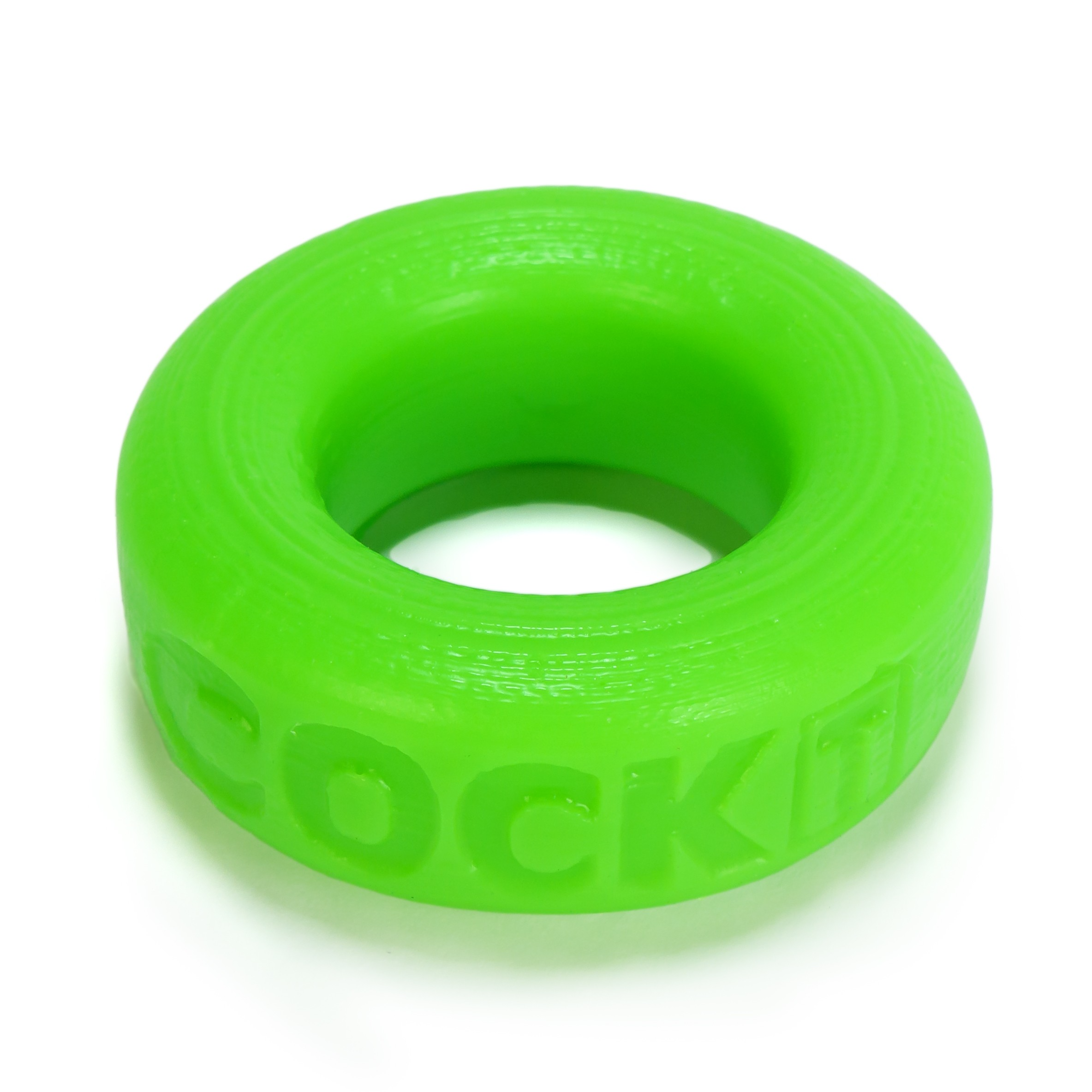 A bright green silicone cock ring with the word "COCK-T" embossed on it.
