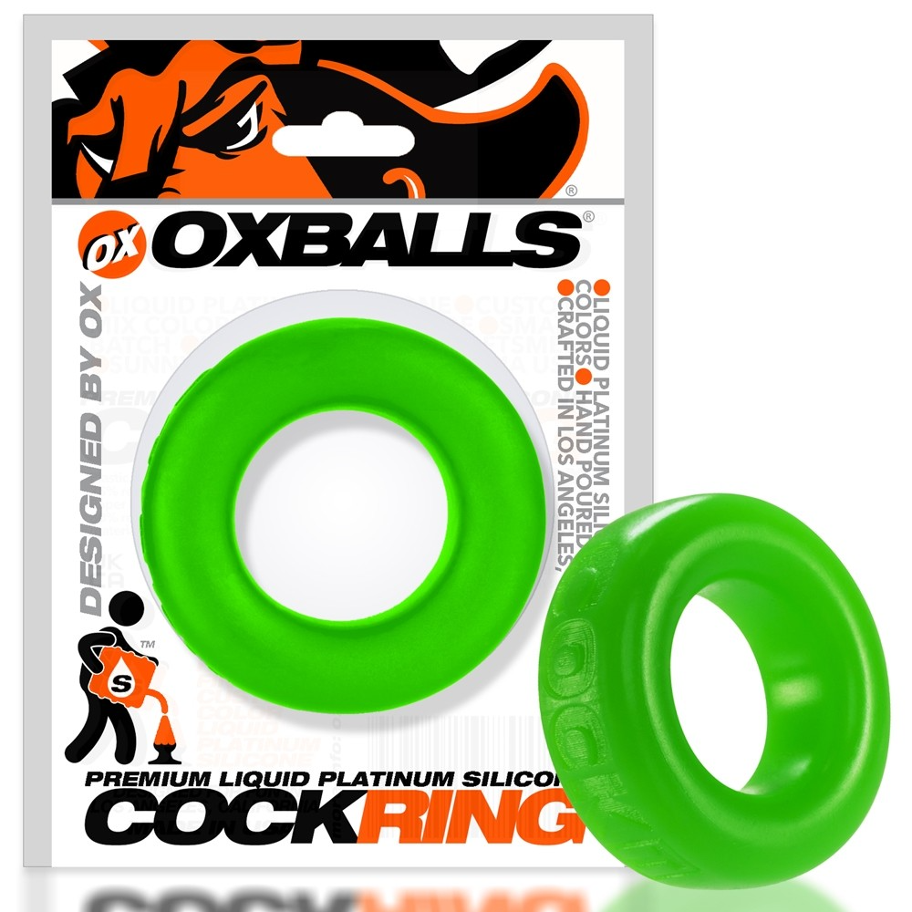 A bright green silicone cock ring with the Oxballs logo.