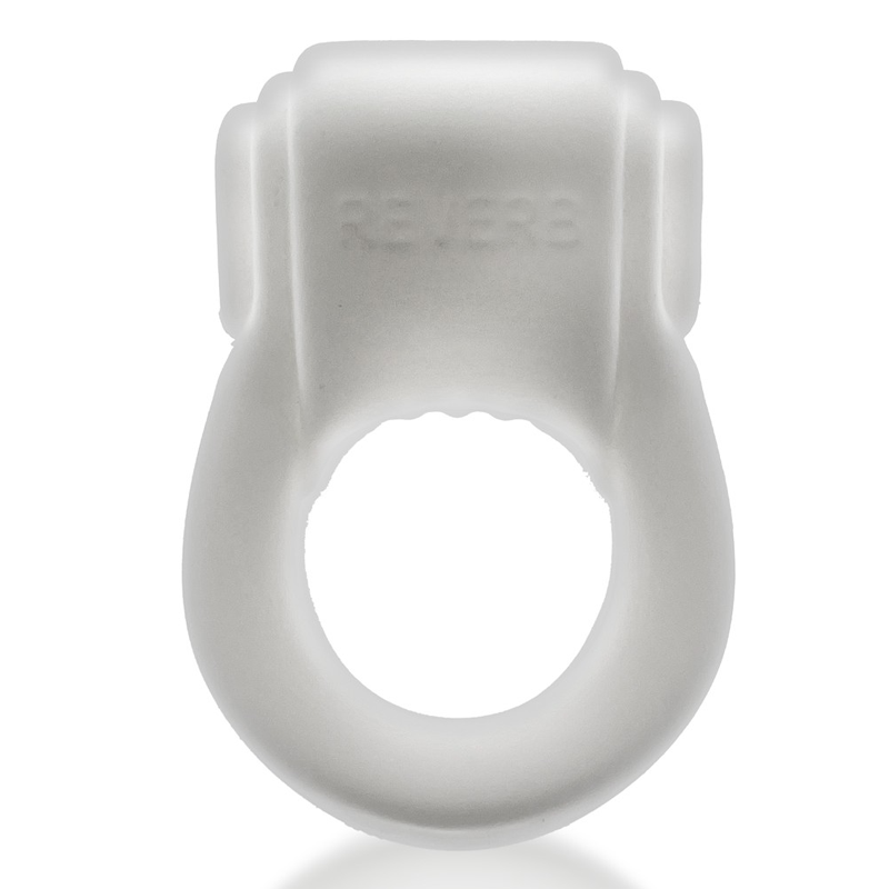 White vibrating silicone cock ring with "REVERB" embossed.