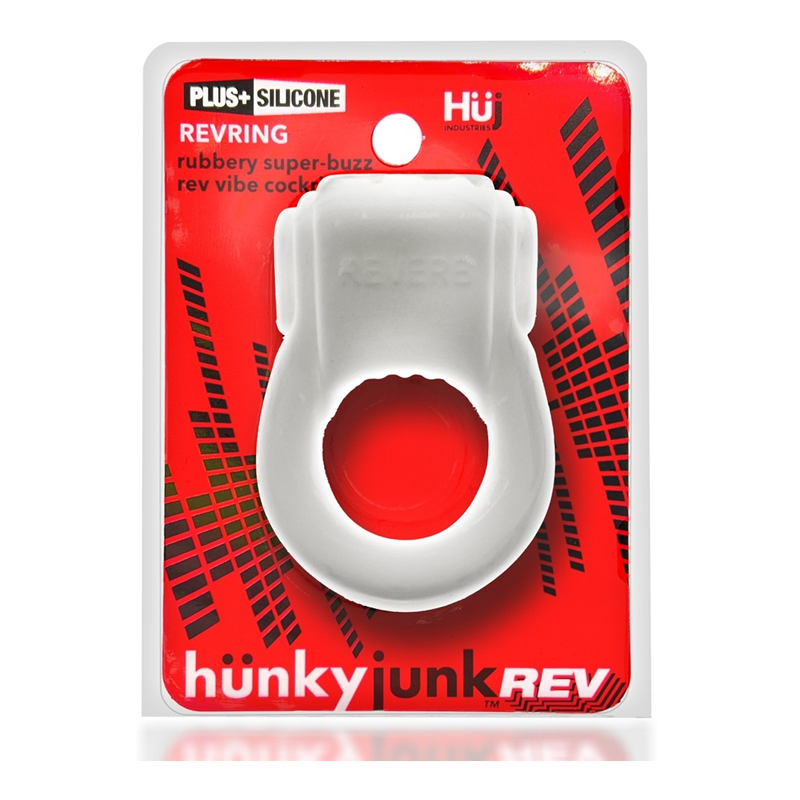White silicone vibrating cock ring with "REVRING" embossed on it.