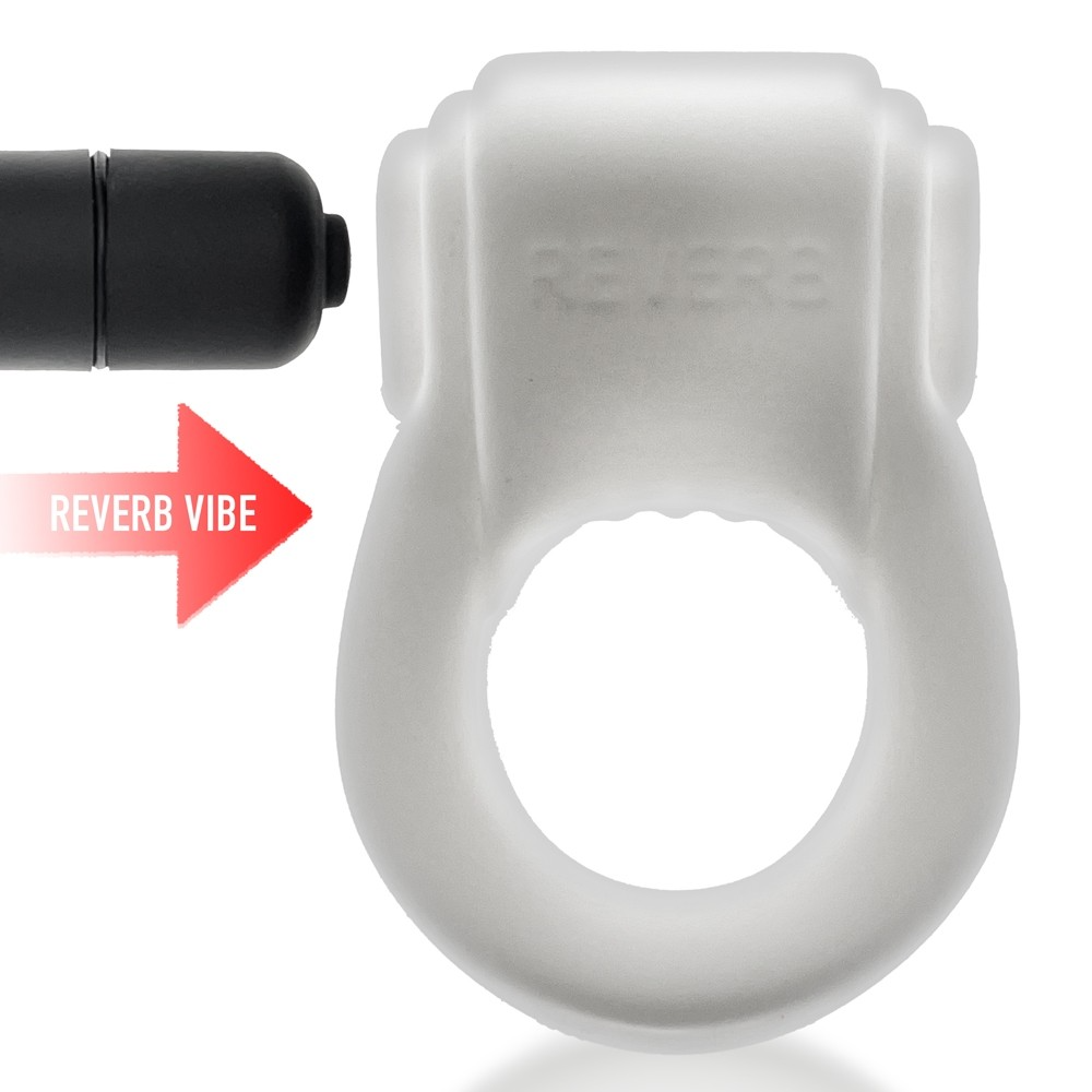 A white silicone vibrating cock ring with the word REVERB embossed on it.