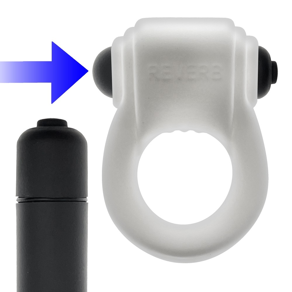 White vibrating silicone cock ring with a black bullet.