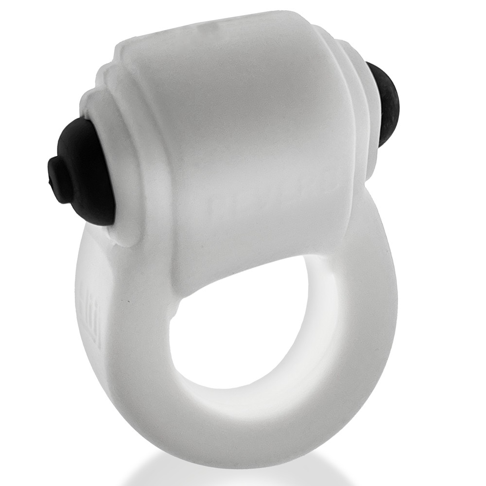 White silicone vibrating cock ring with black accents.