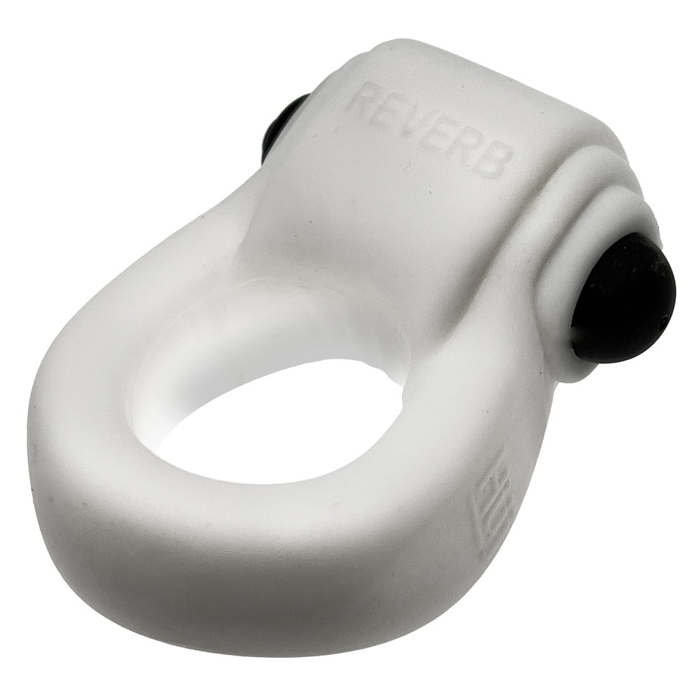 White silicone vibrating cock ring with black accents and "REVERB" embossed.
