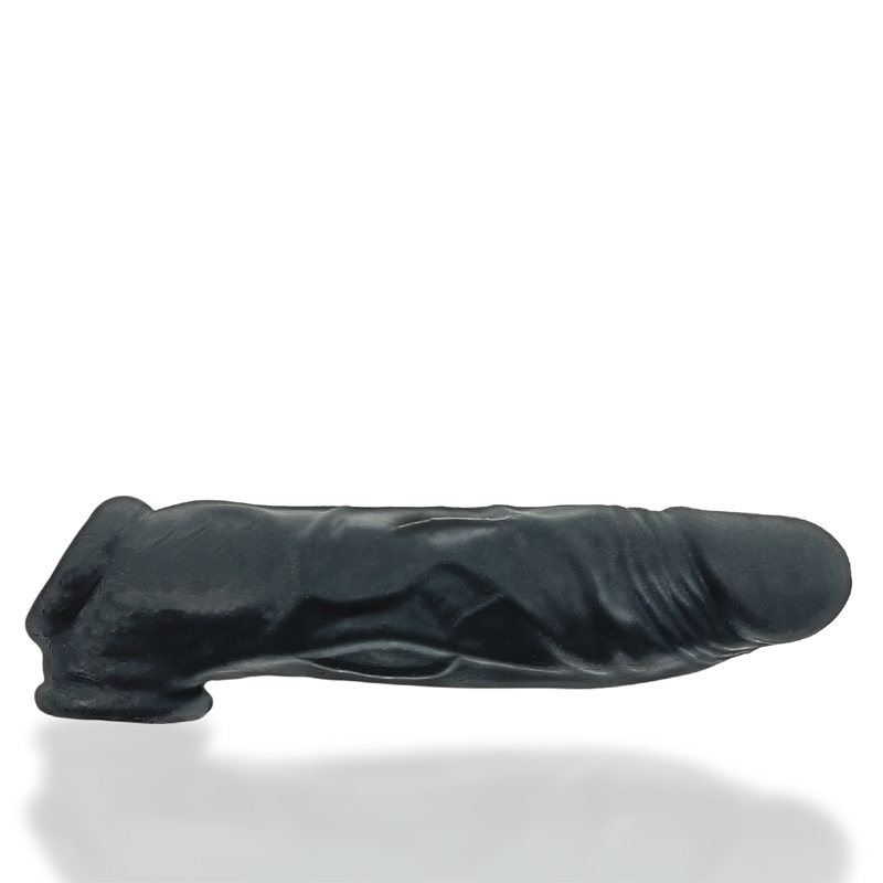 Black silicone cock sheath with textured surface and flared base.