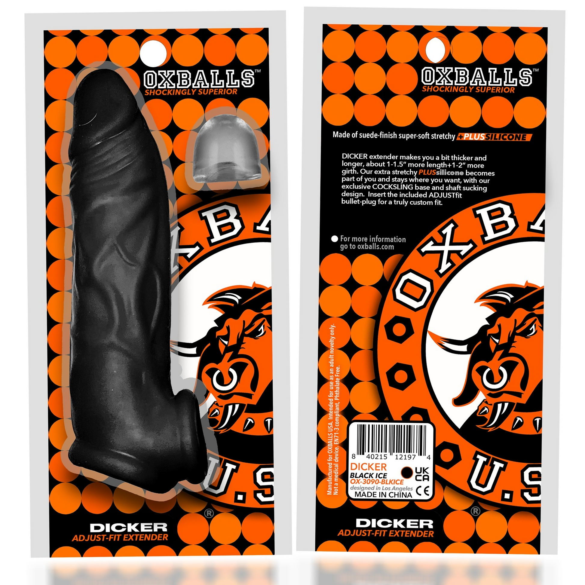 Black silicone cock extender with a clear cap and orange bull graphic packaging.