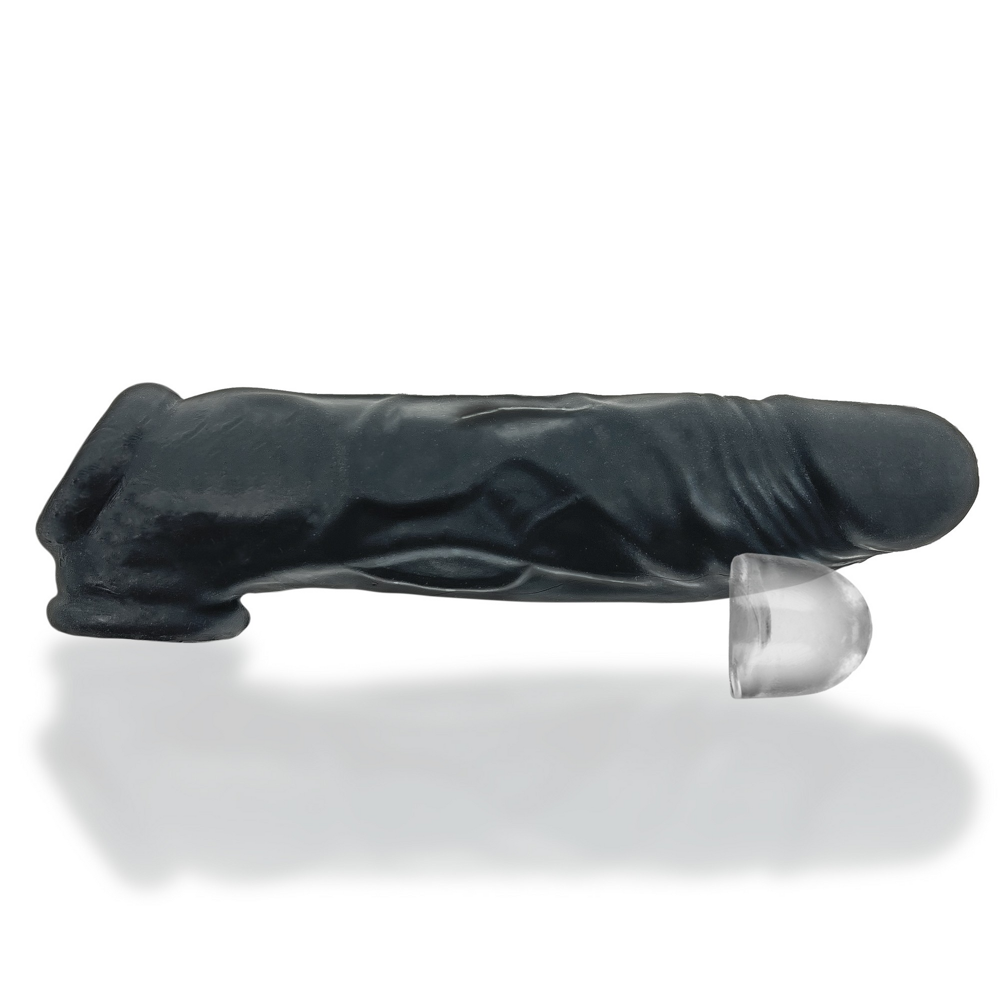 Black silicone cock sheath with a clear insert.