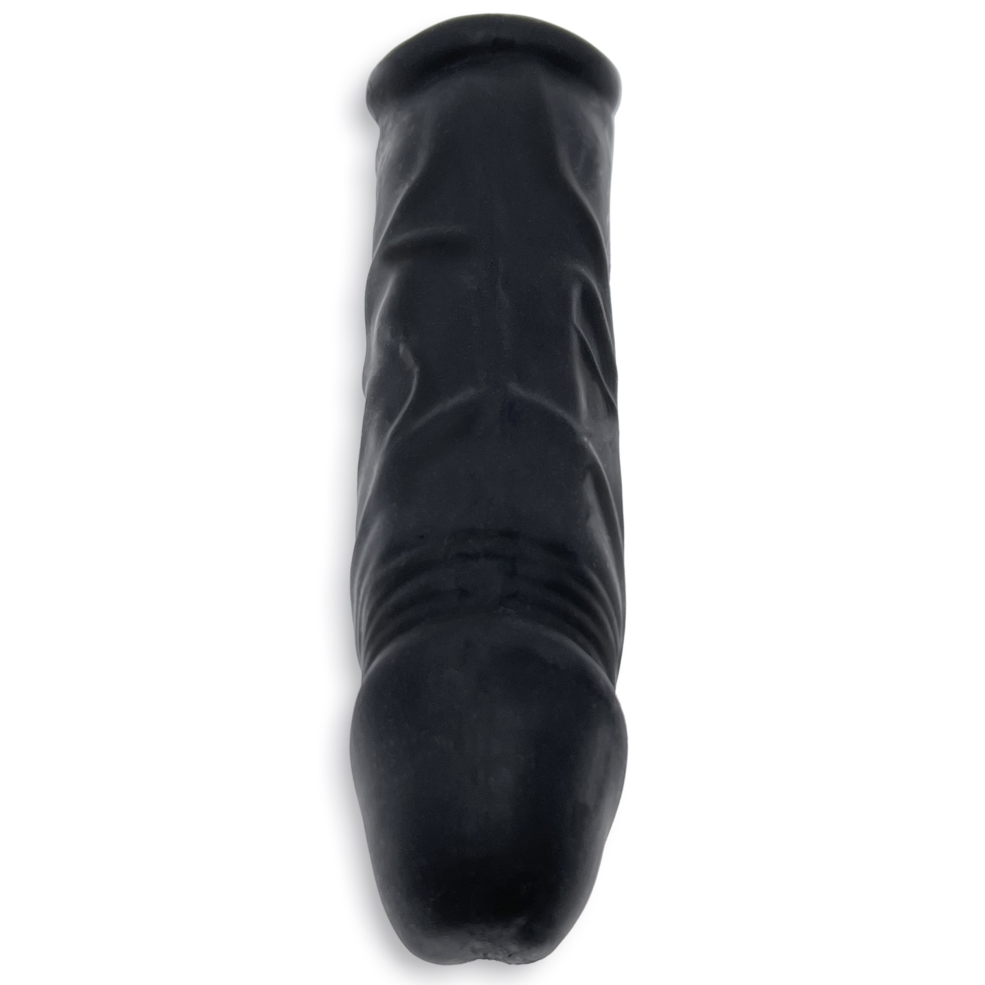Black silicone cock sheath with textured surface and flared tip.