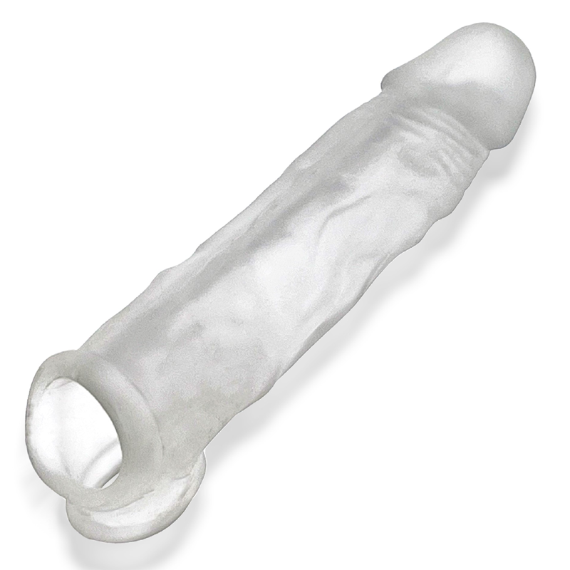 Clear silicone cock sheath with adjustable insert and textured base.