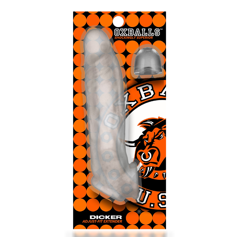 Clear silicone cock sheath with orange packaging and bull logo.