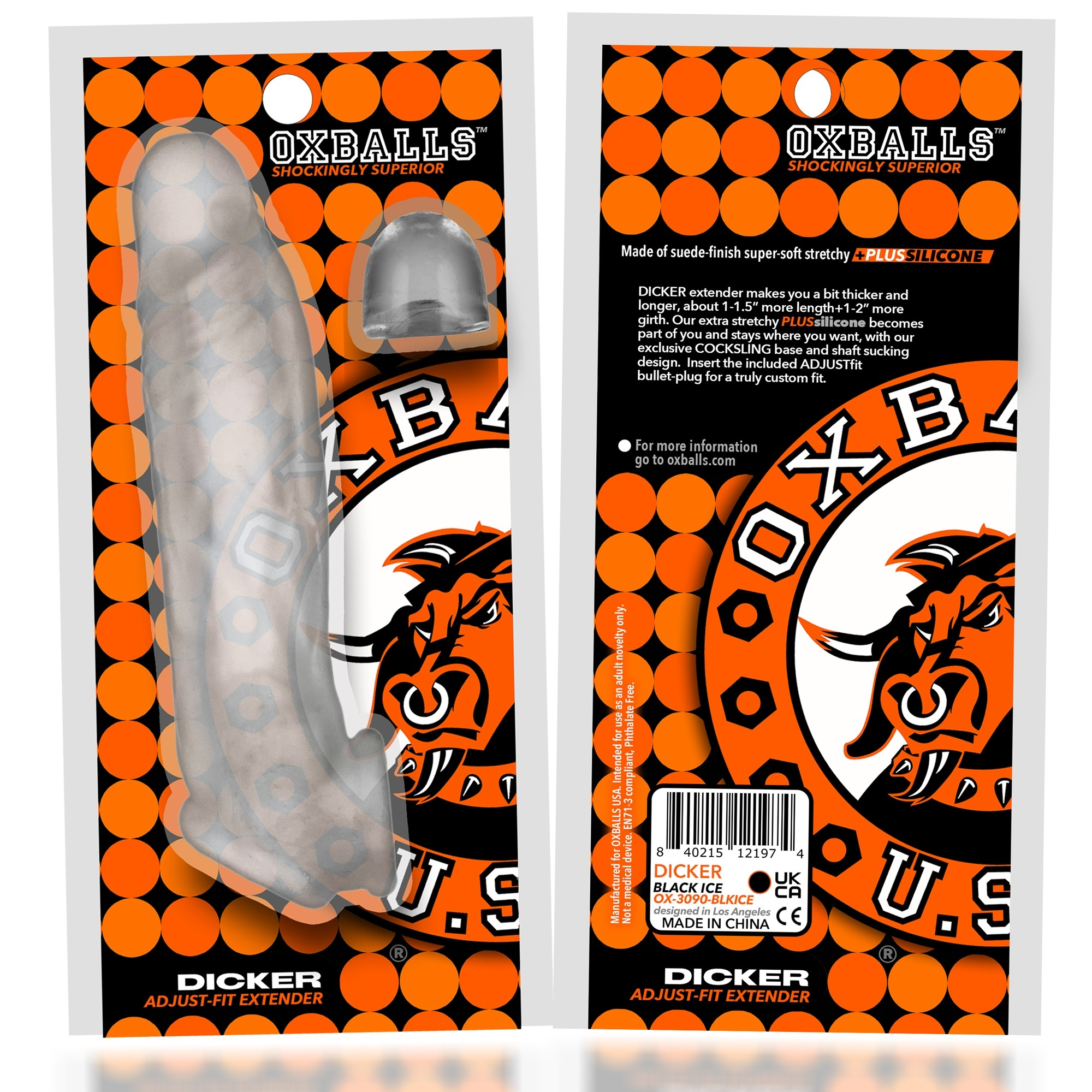 Dicker silicone cock sheath with adjustfit insert in ice color.