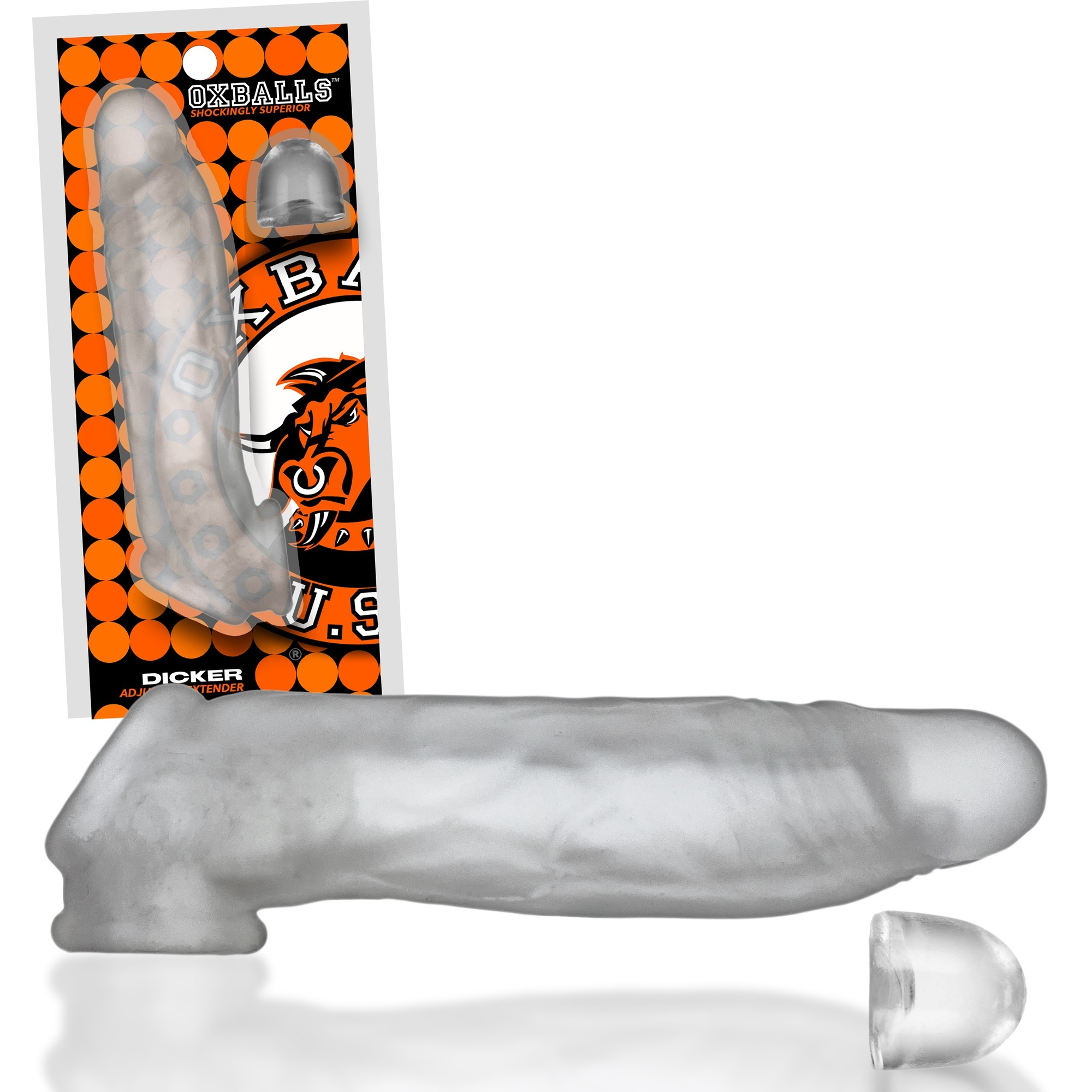 Clear silicone cock sheath with a textured pattern and a separate clear insert.