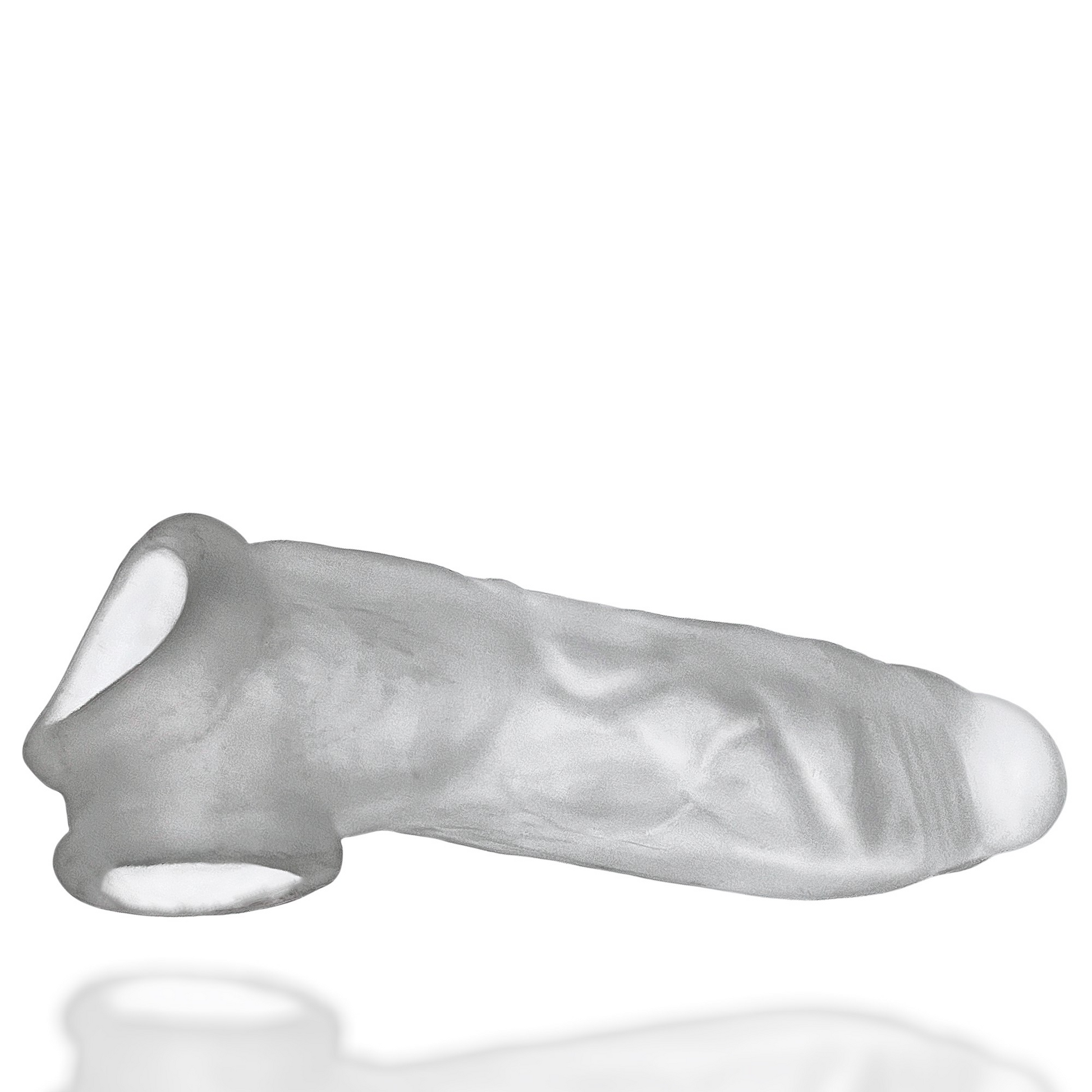 A clear silicone cock sheath with a textured surface and a flared base.