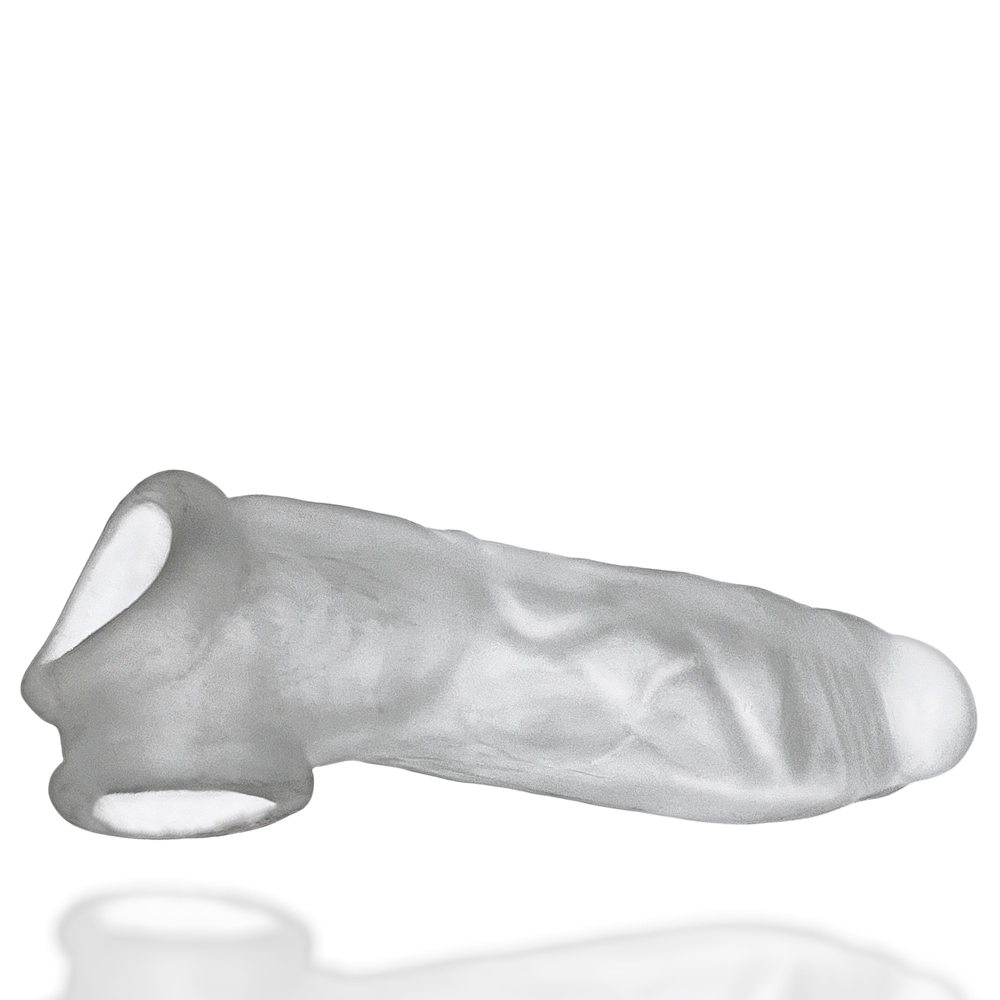 A clear silicone cock sheath with a textured surface and a flared base.