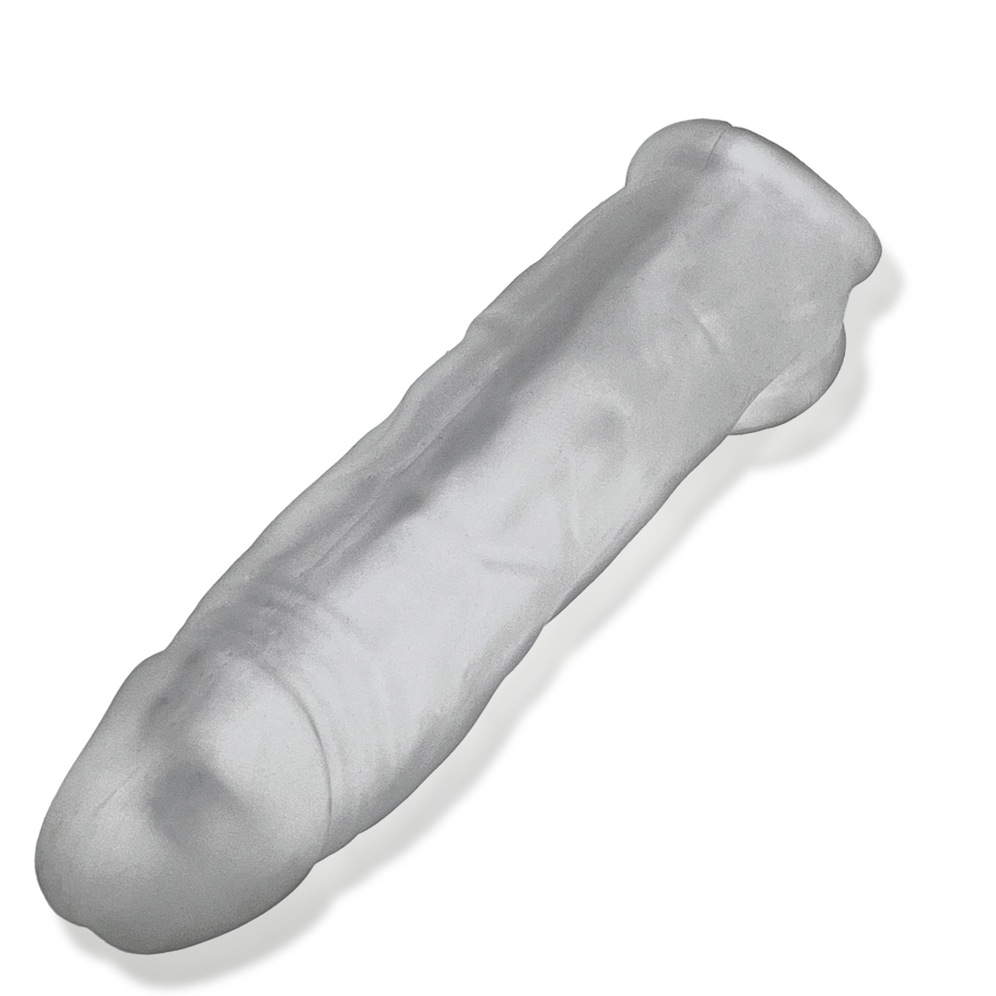 A clear silicone cock sheath with a textured surface and a rounded tip.