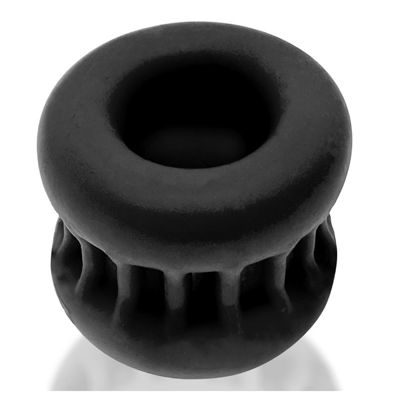 Black silicone ball stretcher with a ribbed grip.