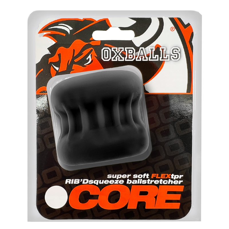 Black silicone ribbed ball stretcher with "OXBALLS" branding.