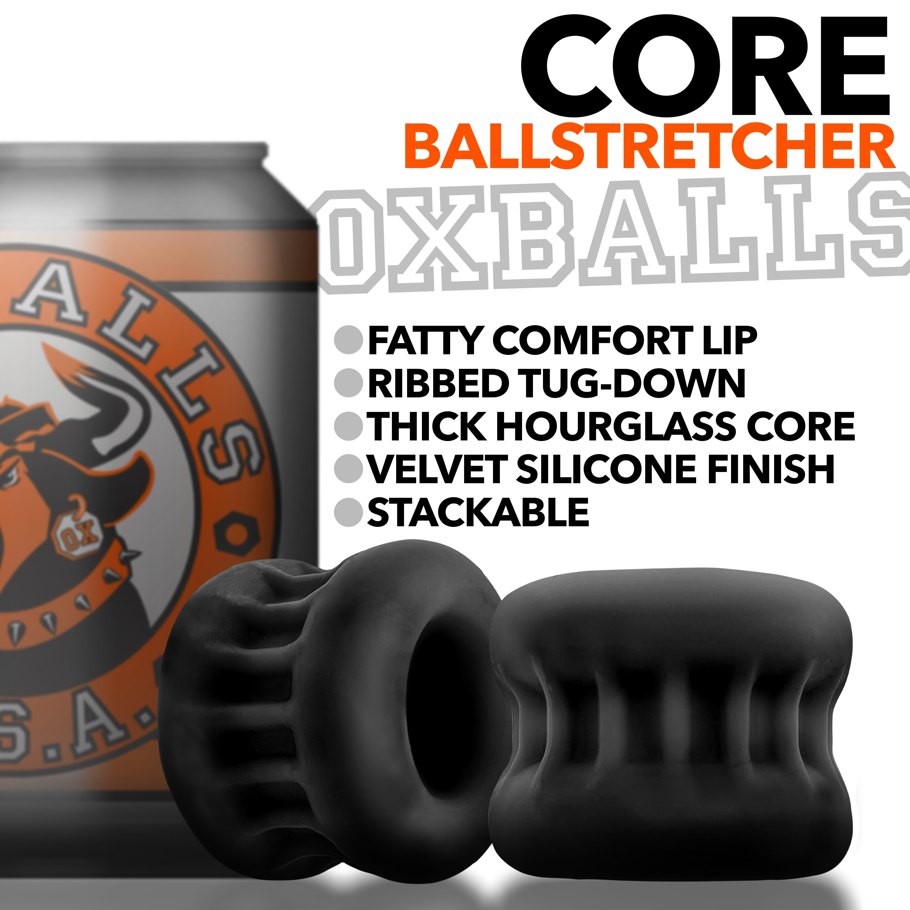 Black silicone ball stretcher with ribbed grip and hourglass shape.
