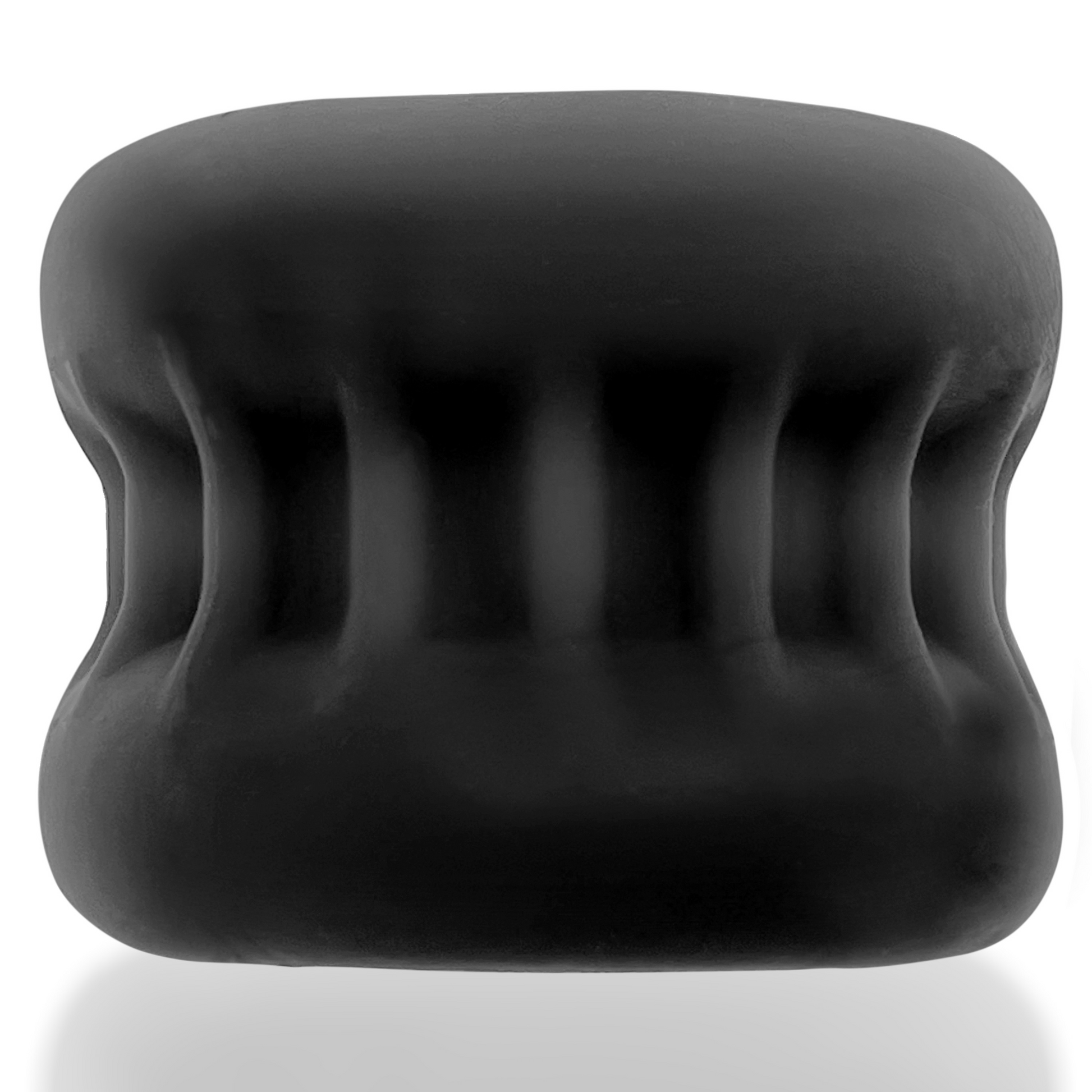 Black silicone ball stretcher with ribbed grip and hourglass shape.