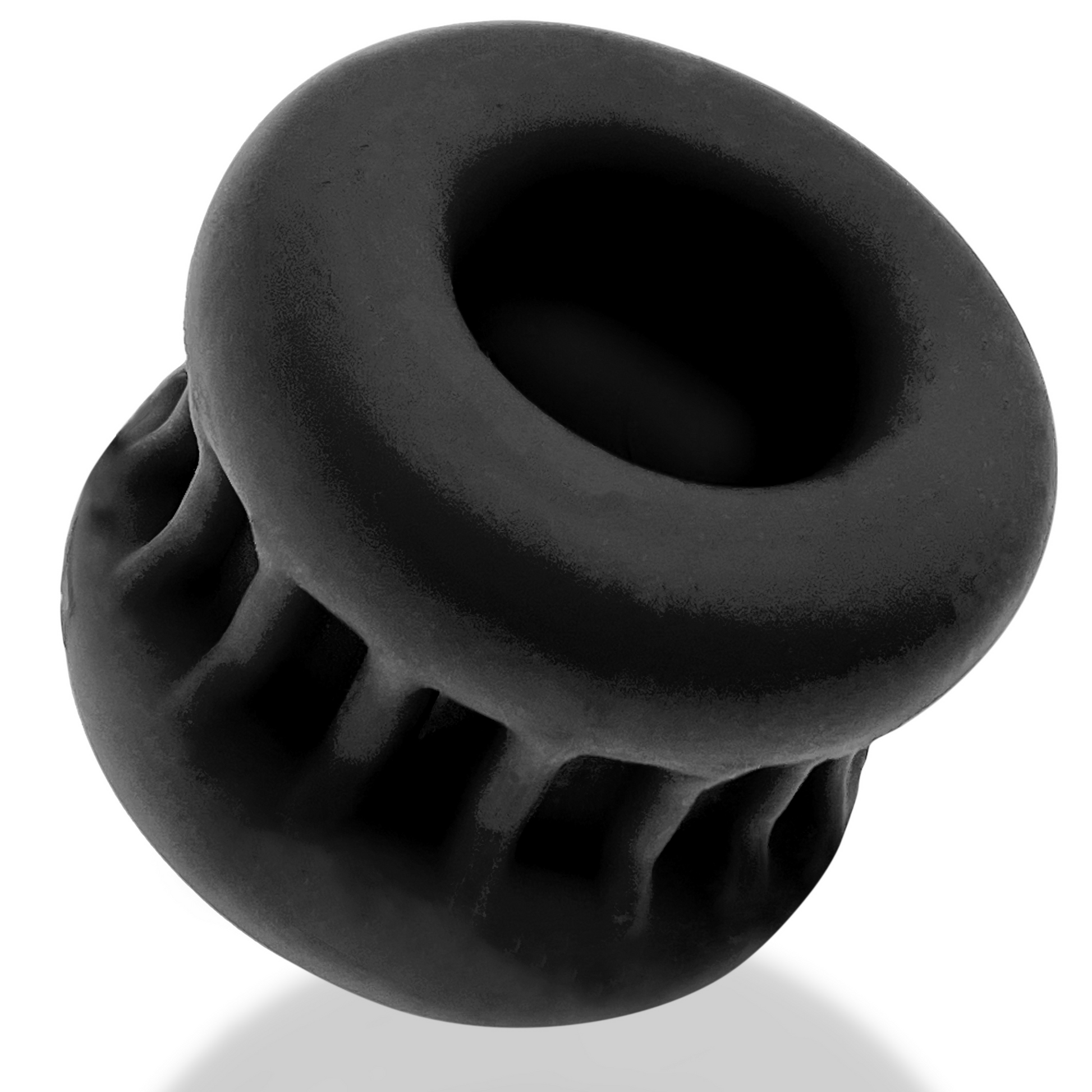 Black silicone ball stretcher with ribbed grip.