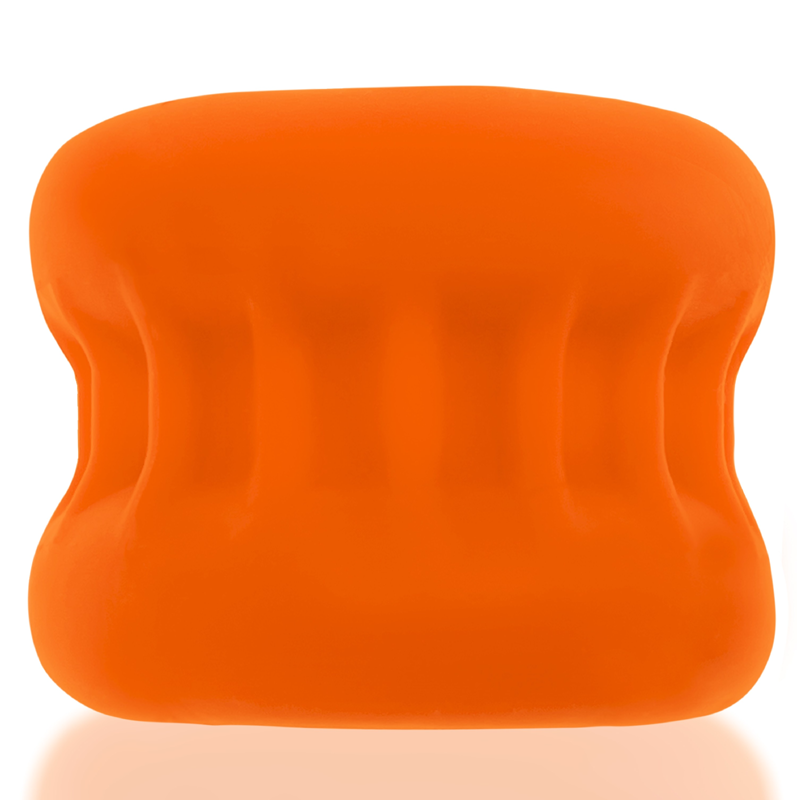 Orange silicone ball stretcher with ribbed grip and hourglass shape.