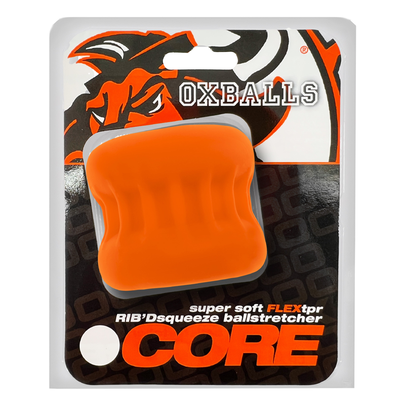 Orange Oxballs Core silicone ball stretcher with ribbed grip.