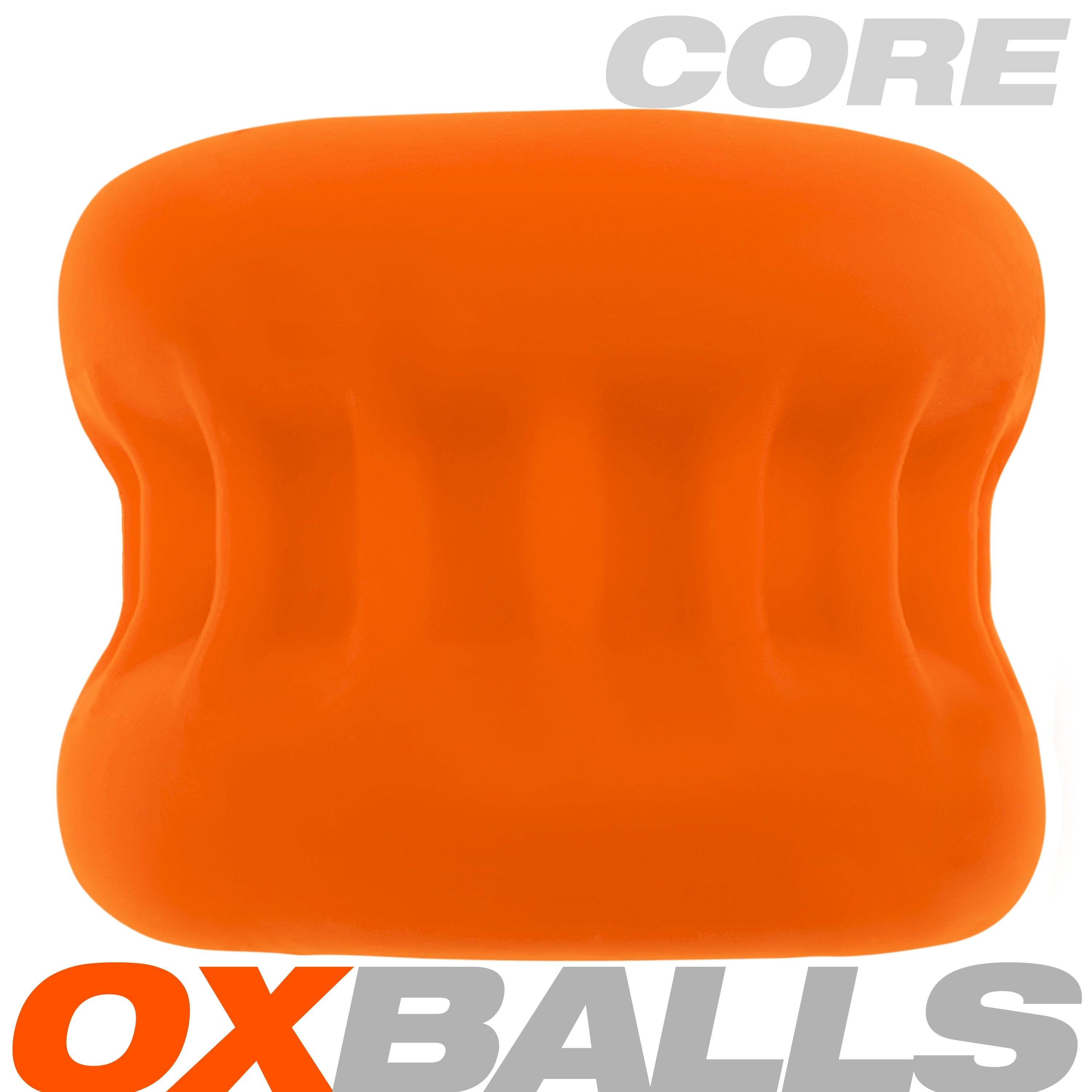 Orange ribbed silicone ball stretcher with "CORE" and "OXBALLS" text.