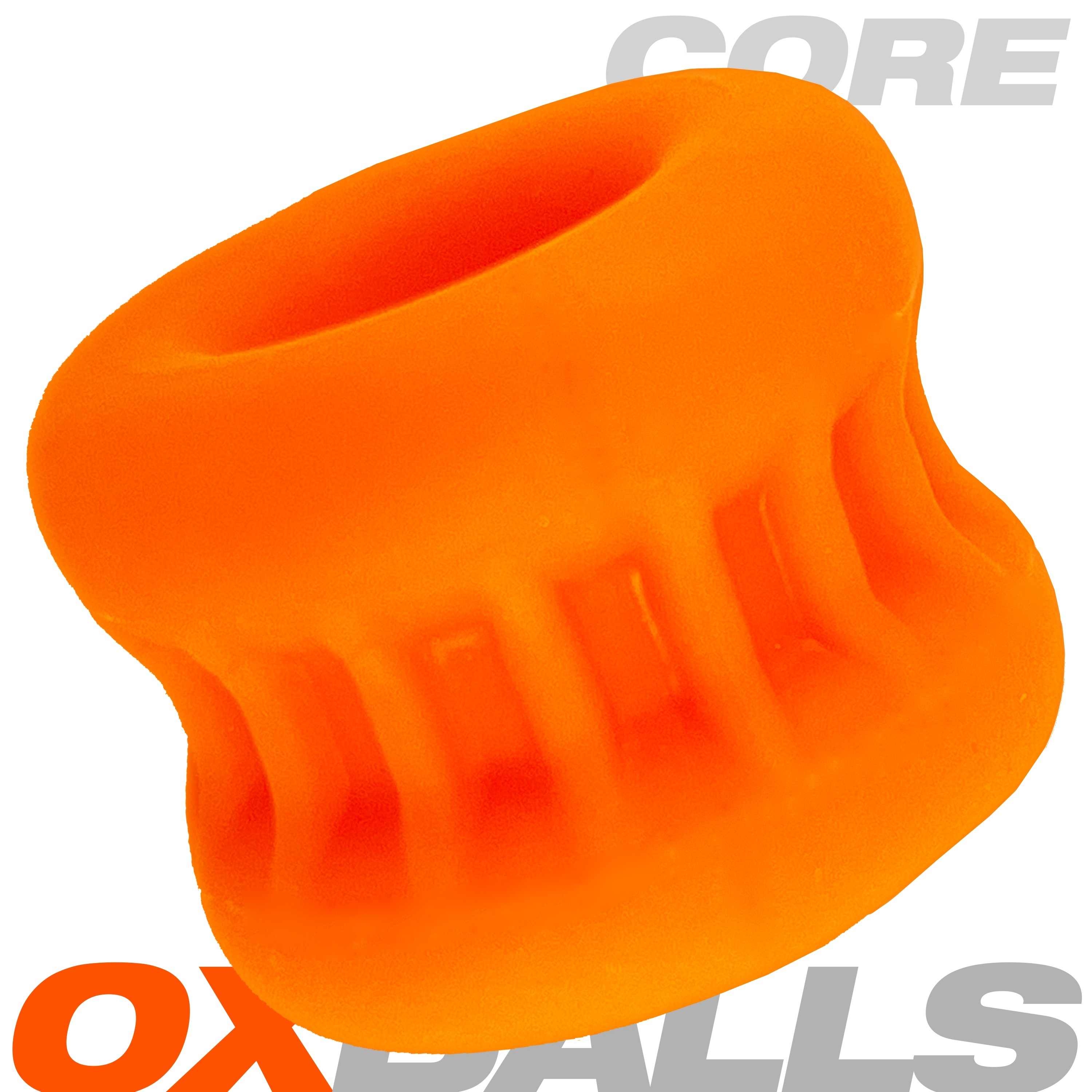 Orange ribbed silicone ball stretcher with "CORE" and "OXBALLS" text.