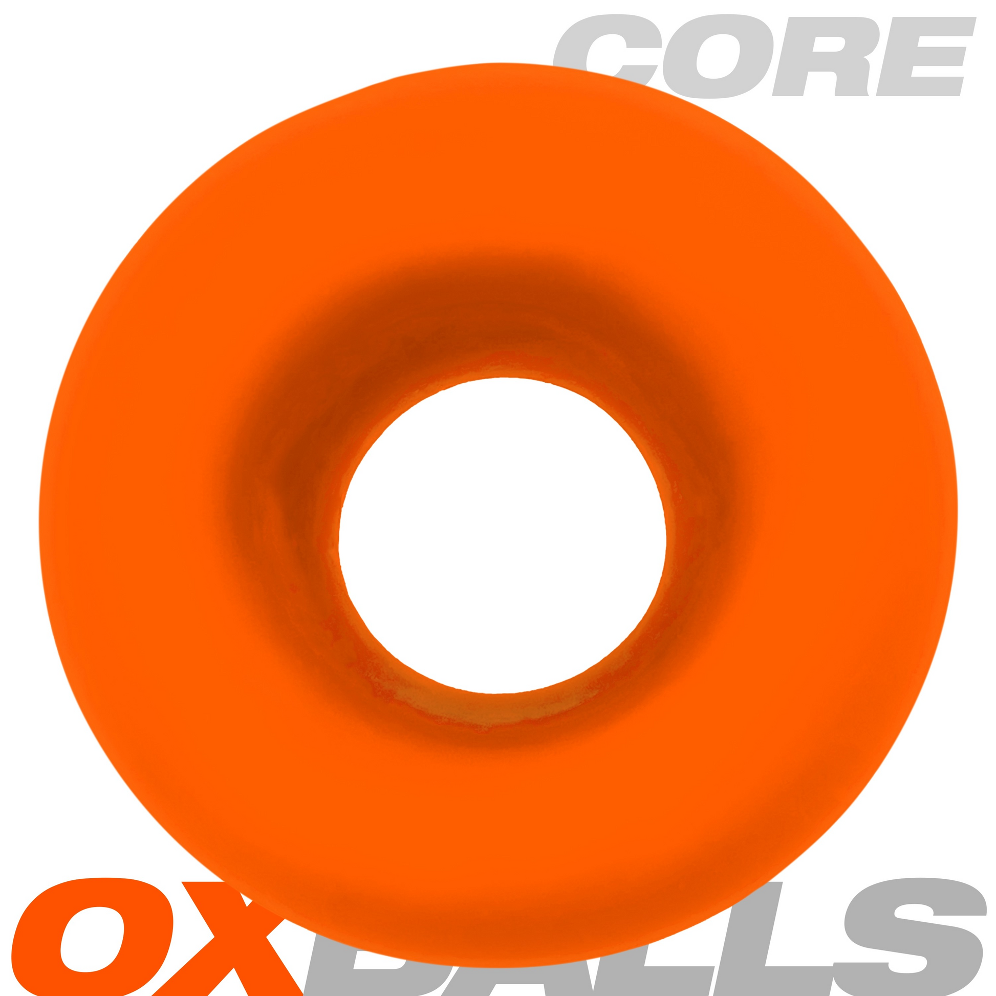Orange silicone ball stretcher with ribbed grip and "CORE" and "OXBALLS" text.