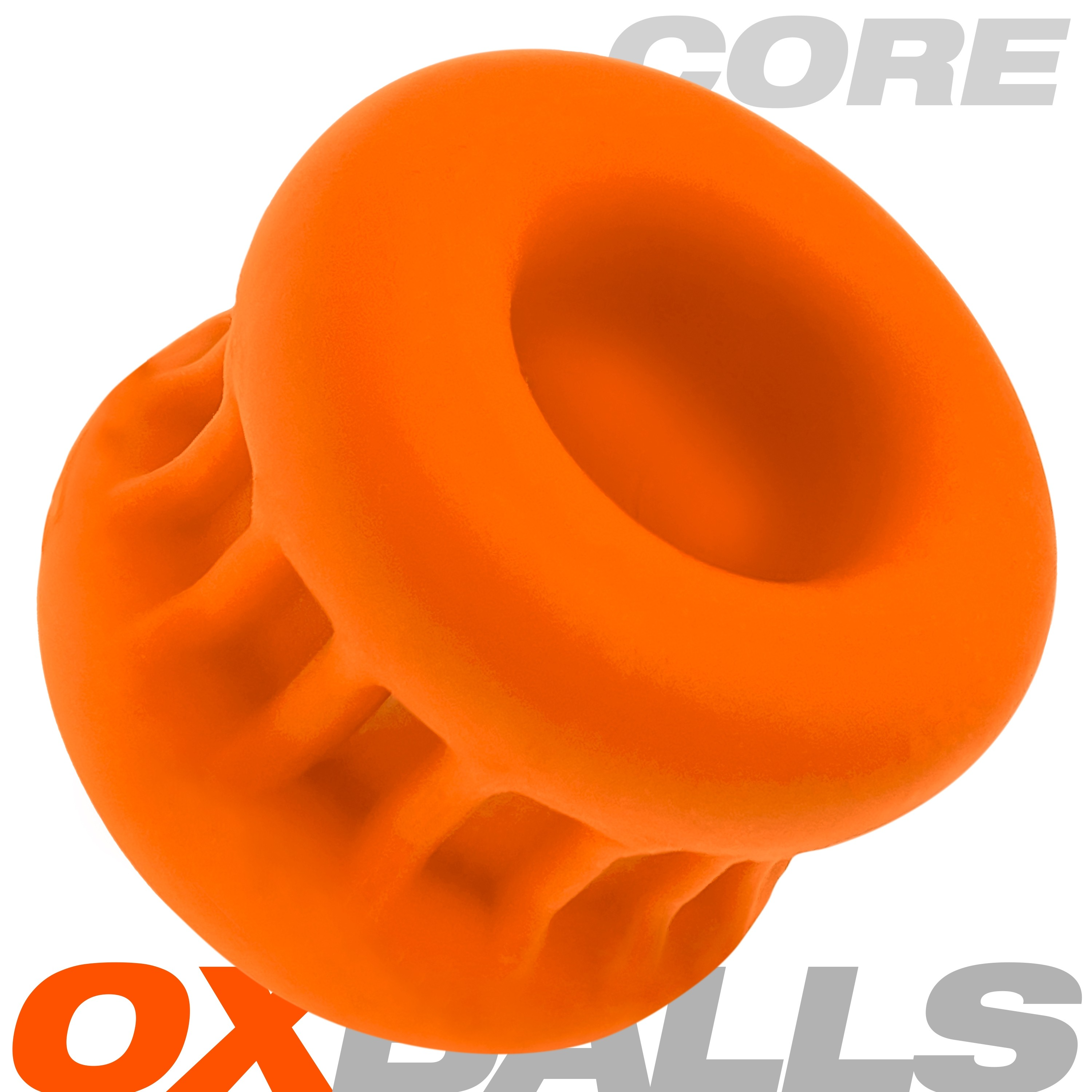 Orange ribbed silicone ball stretcher with "CORE" and "OXBALLS" text.