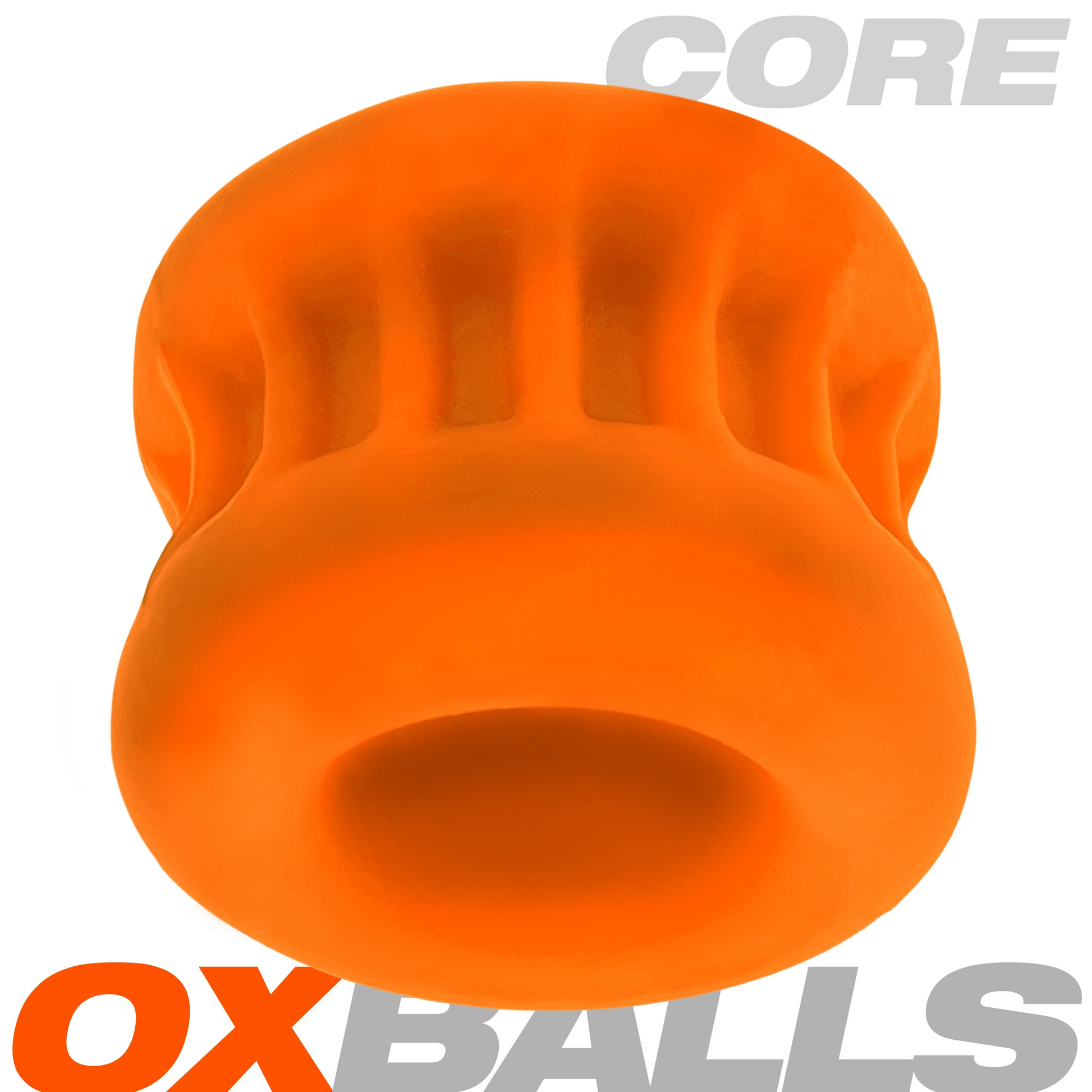 Orange silicone ball stretcher with ribbed grip and hourglass shape.