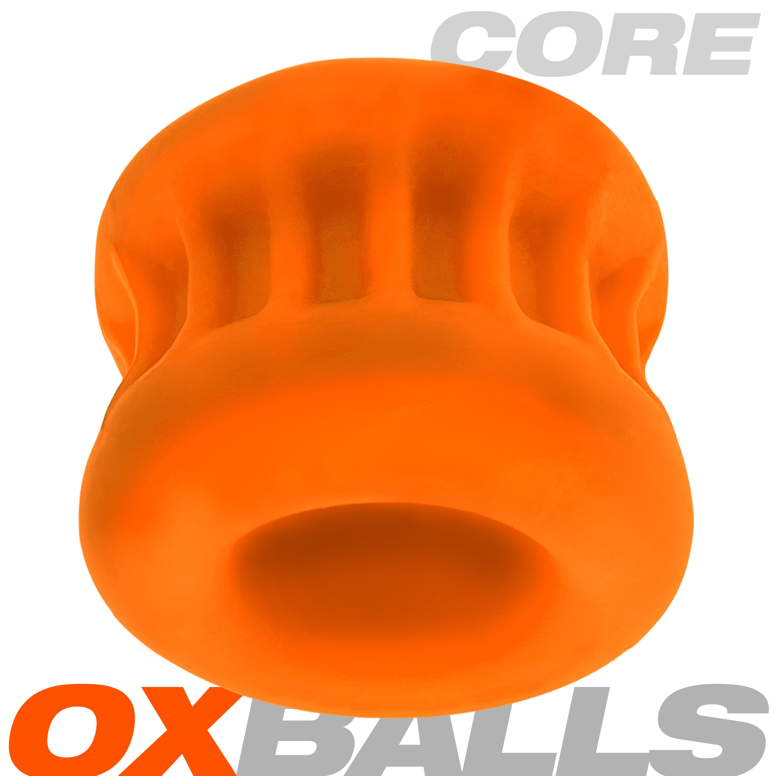 Orange silicone ball stretcher with ribbed grip and hourglass shape.