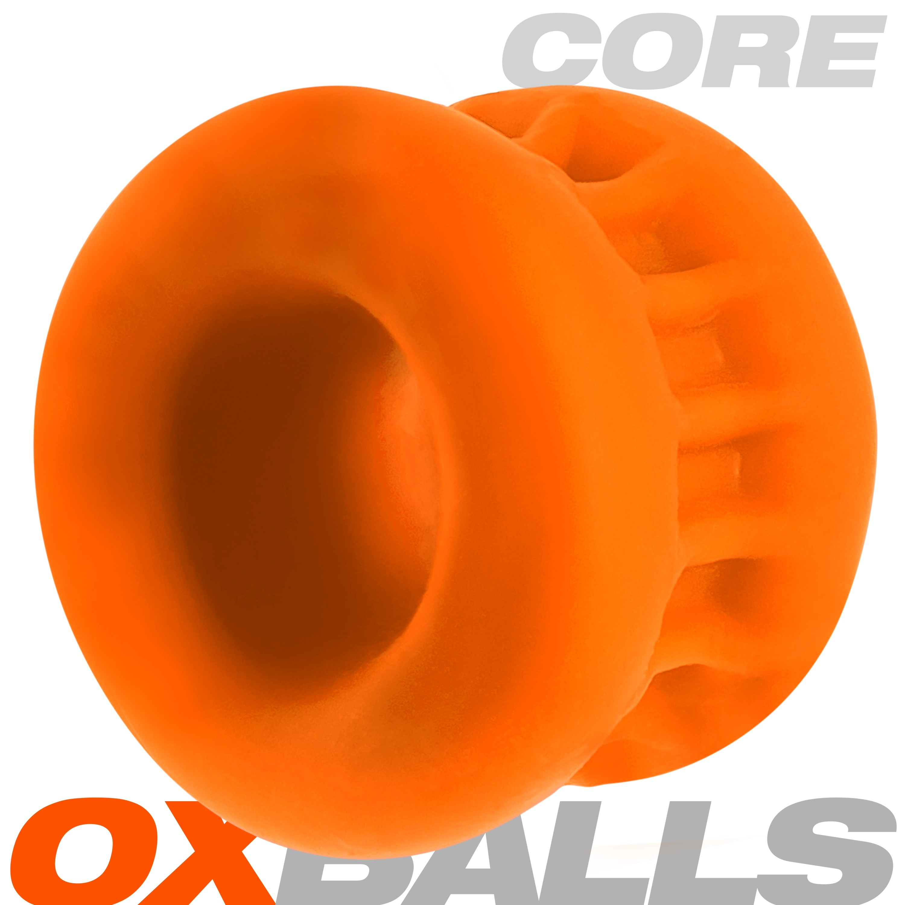 Orange ribbed silicone ball stretcher from Oxballs.