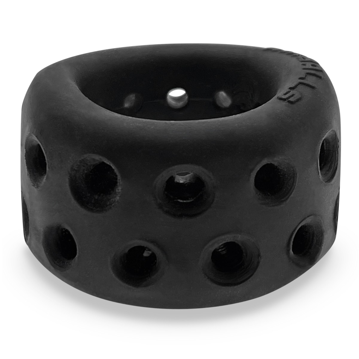 Black silicone ball stretcher with ventilation holes and embossed text.