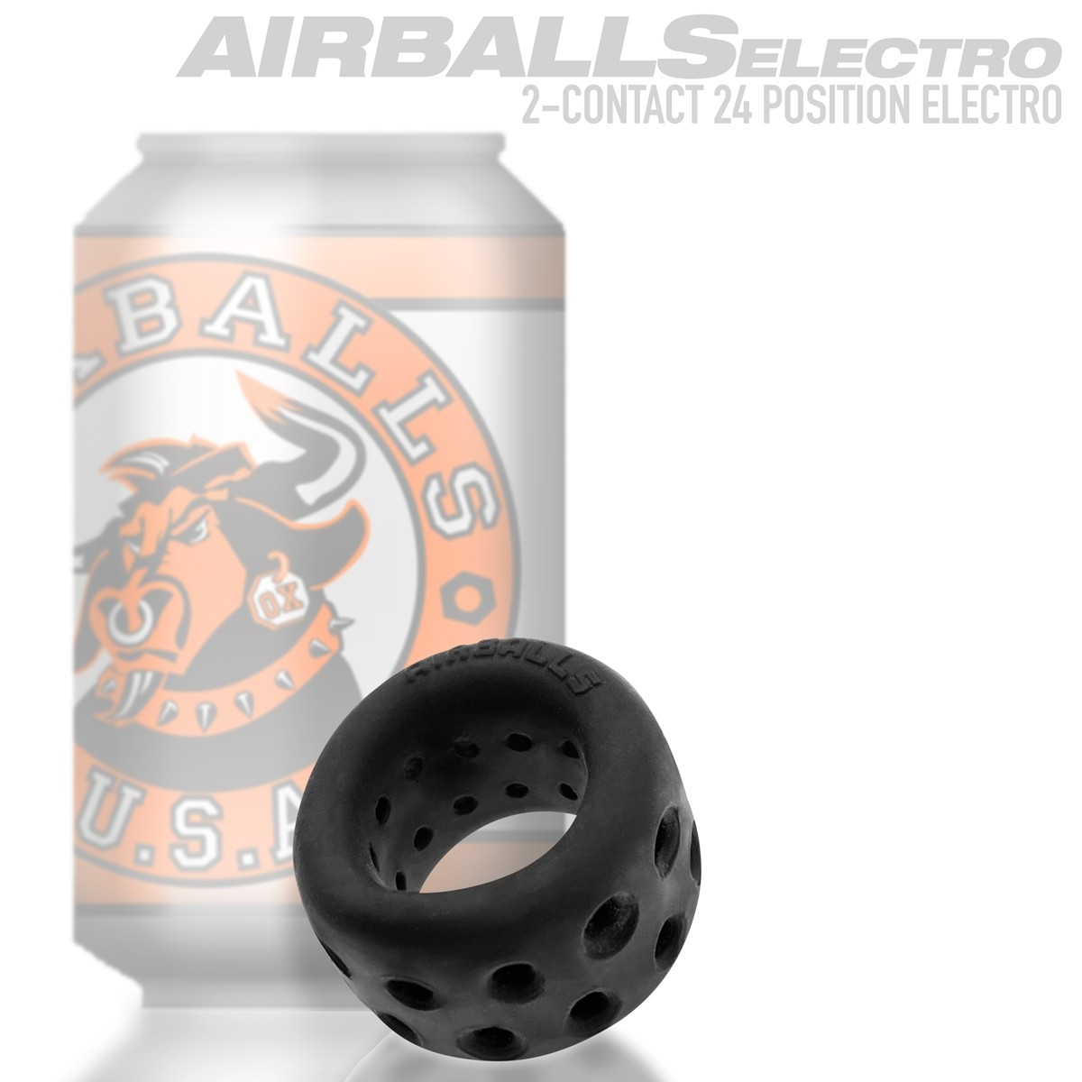 Black silicone ball stretcher with ventilation holes and embossed logo.