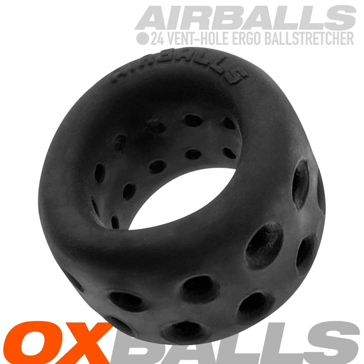 Black silicone ball stretcher with ventilation holes and "AIRBALLS" branding.