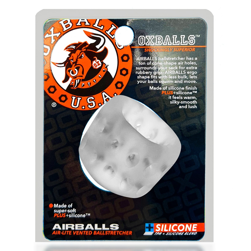 Clear ice silicone ball stretcher with air holes and a bull logo.